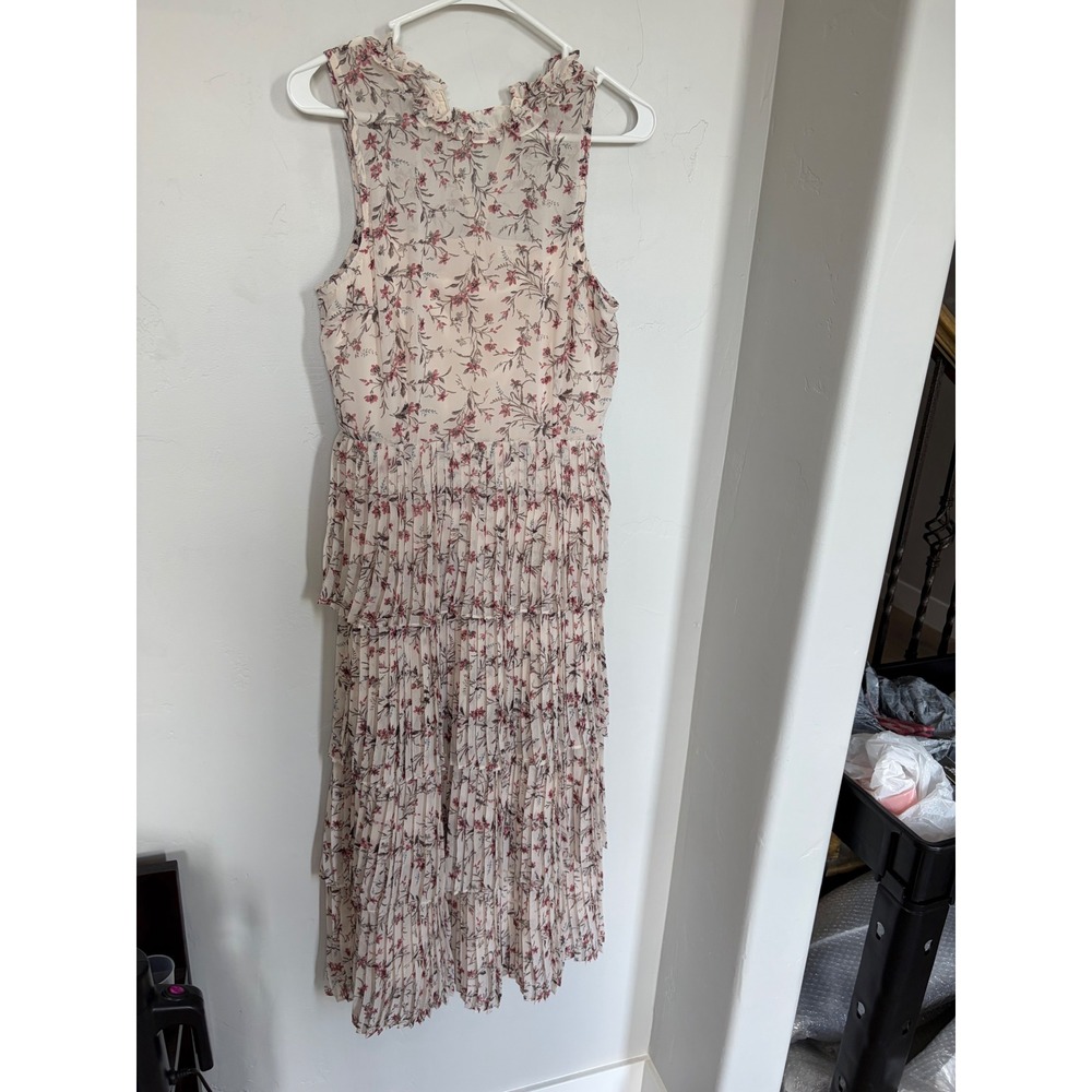 Bohme Floral Tiered Pleated Midi Dress Cream Pink Sleeveless Ruffle Neck Small